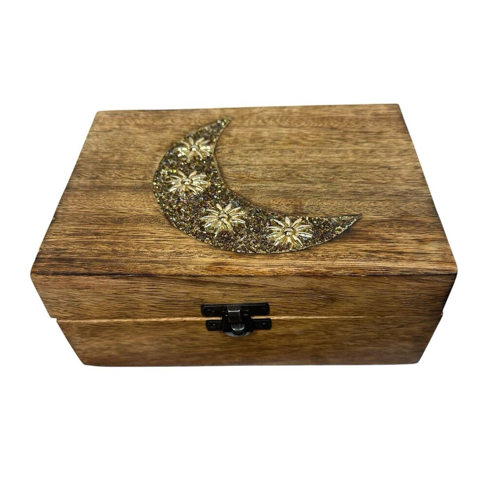 Celestial Brown Wooden Keepsake Trinket Jewelry Box Beaded Crescent Moon Lid